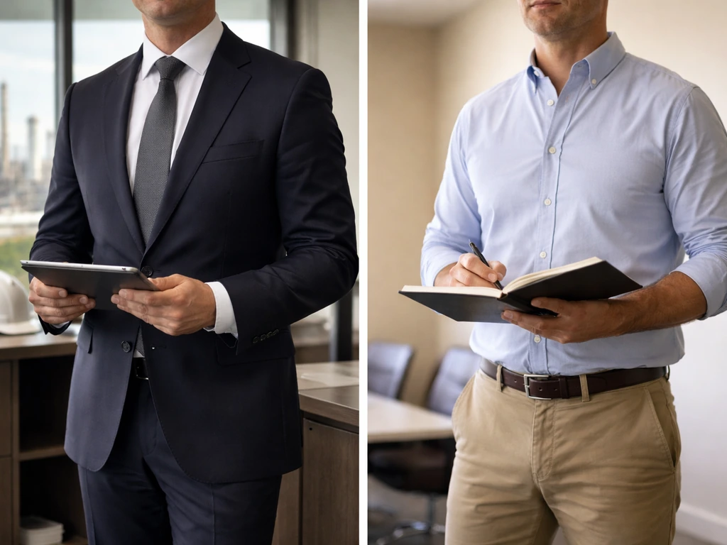 Two anonymous men in split scenes: one in an energy executive office, the other in a generic meeting room.