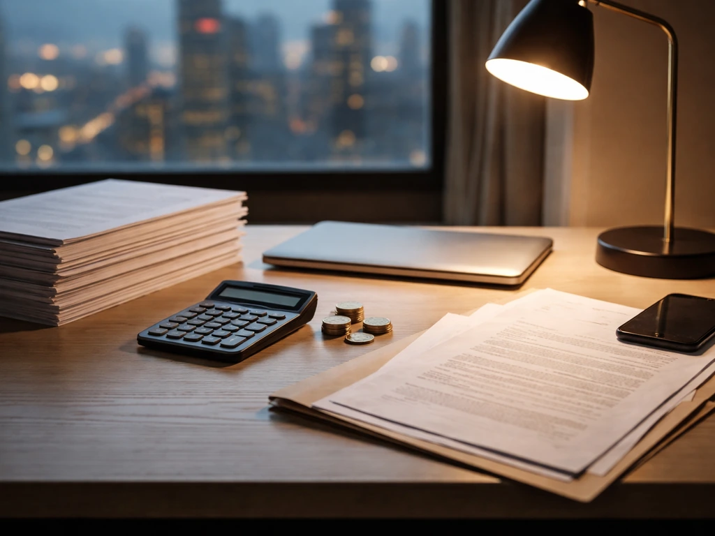 Minimal desk scene with scattered documents, a calculator, and a laptop showing abstract financial tools