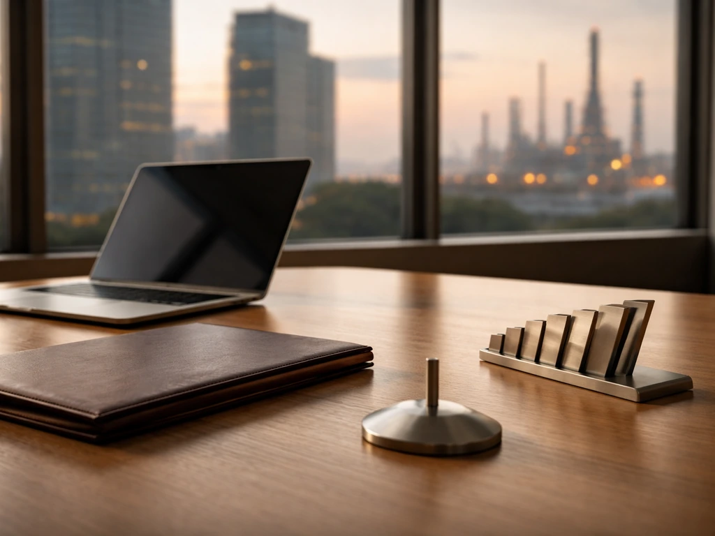Minimal executive desk with blank laptop, microphone base, and blurred energy/refinery city backdrop.