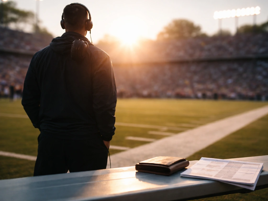 NFL sideline scene with a football coach-style silhouette and symbolic cash-like lighting, no identifiable person