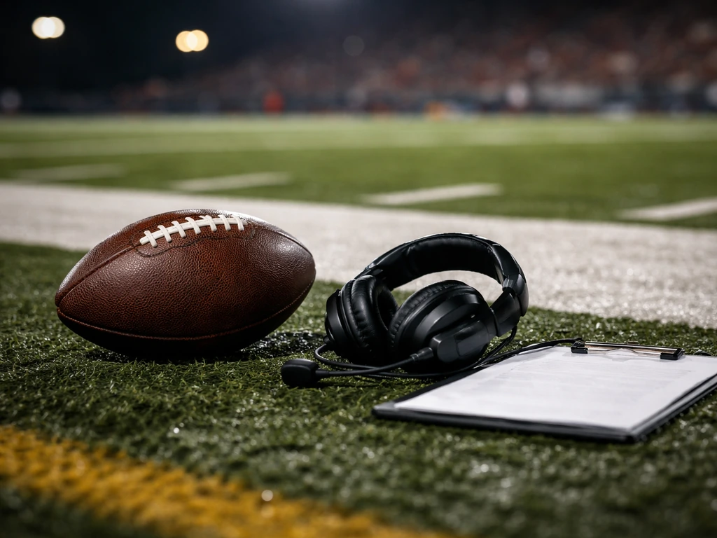 Empty NFL sideline scene with a football and coach-like clipboard, suggesting high-profile sports career and wealth inte