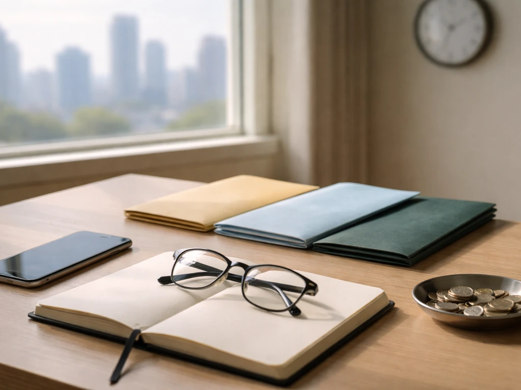 Minimal office desk with envelopes/folders arranged in three phases, coins and smartphone in natural light.