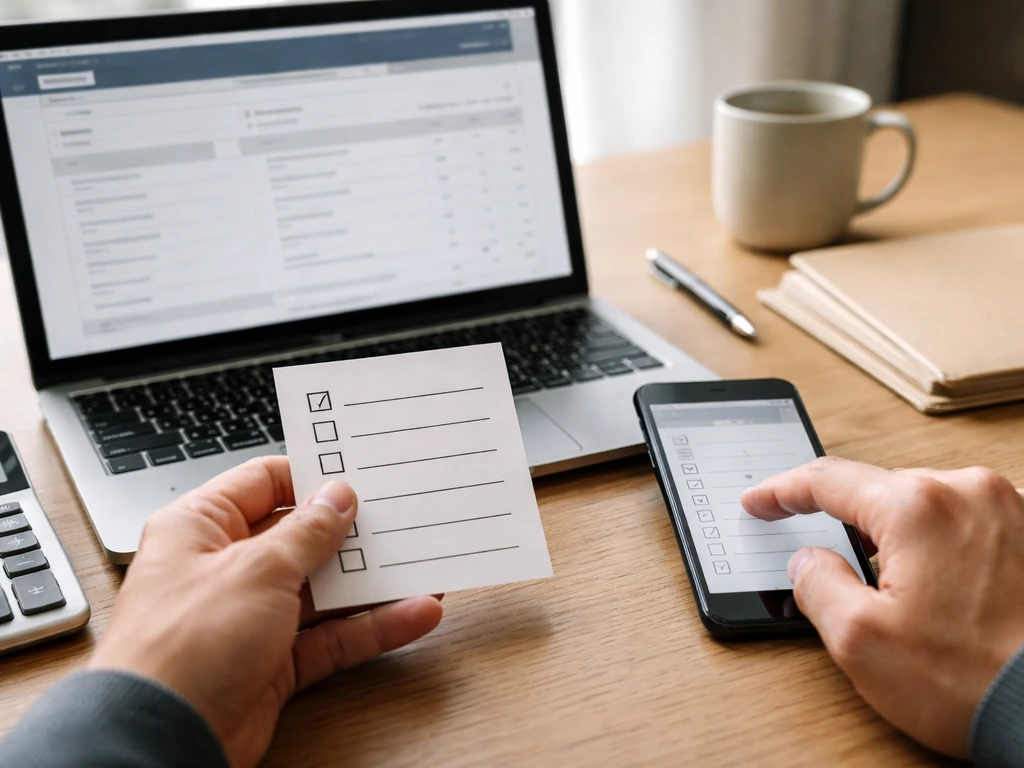 Close-up of hands checking a checklist on a smartphone beside a laptop with a football-accounts style webpage vibe