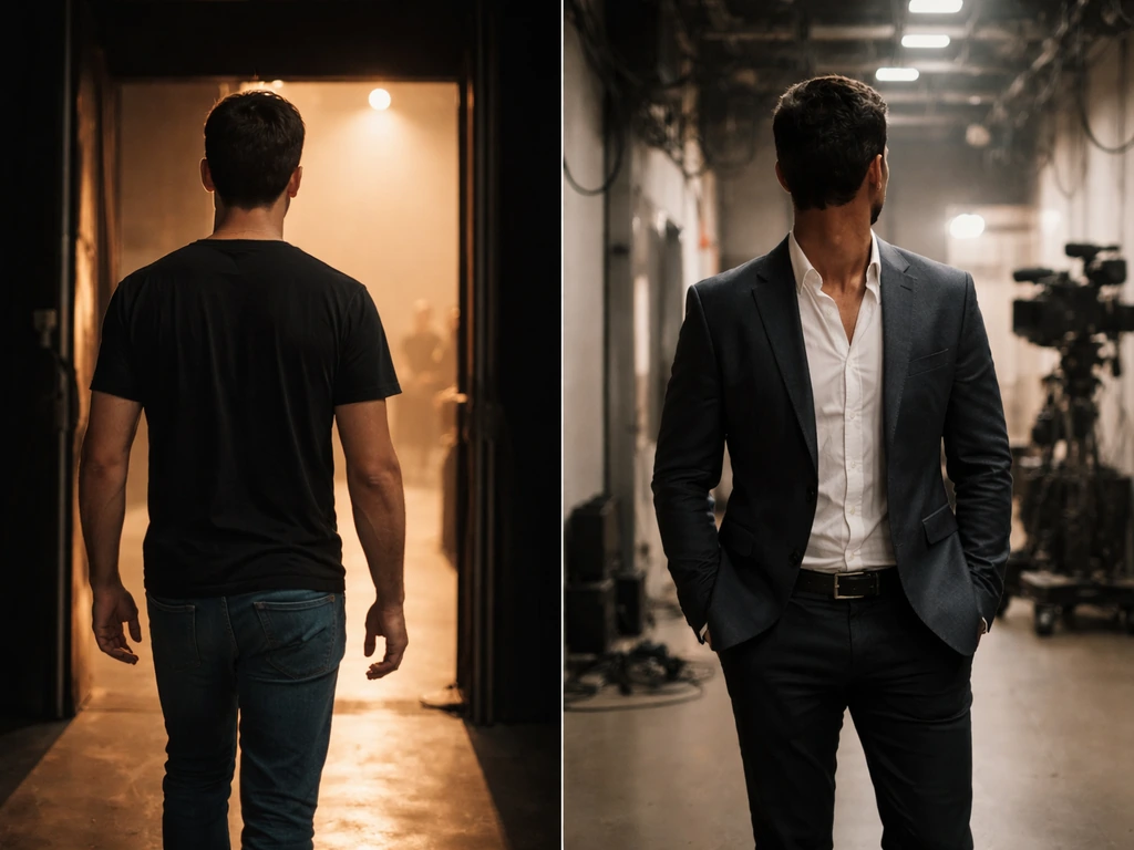 Two simple film/theater set scenes with anonymous men in different outfits to suggest different Aaron Díaz contexts