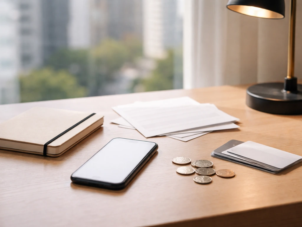 Minimal photo of a desk with scattered documents, smartphone, and coins symbolizing net worth estimation signals