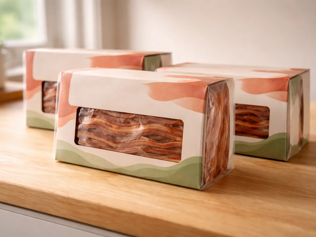 Seaweed-based plant bacon packages on a kitchen counter with natural light, no readable text