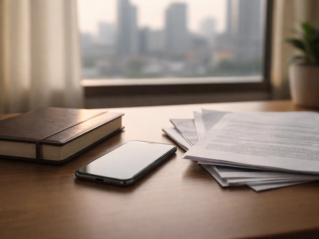 Minimal desk scene with money symbolism: ledger, smartphone, and fanned documents suggesting conflicting financial claim