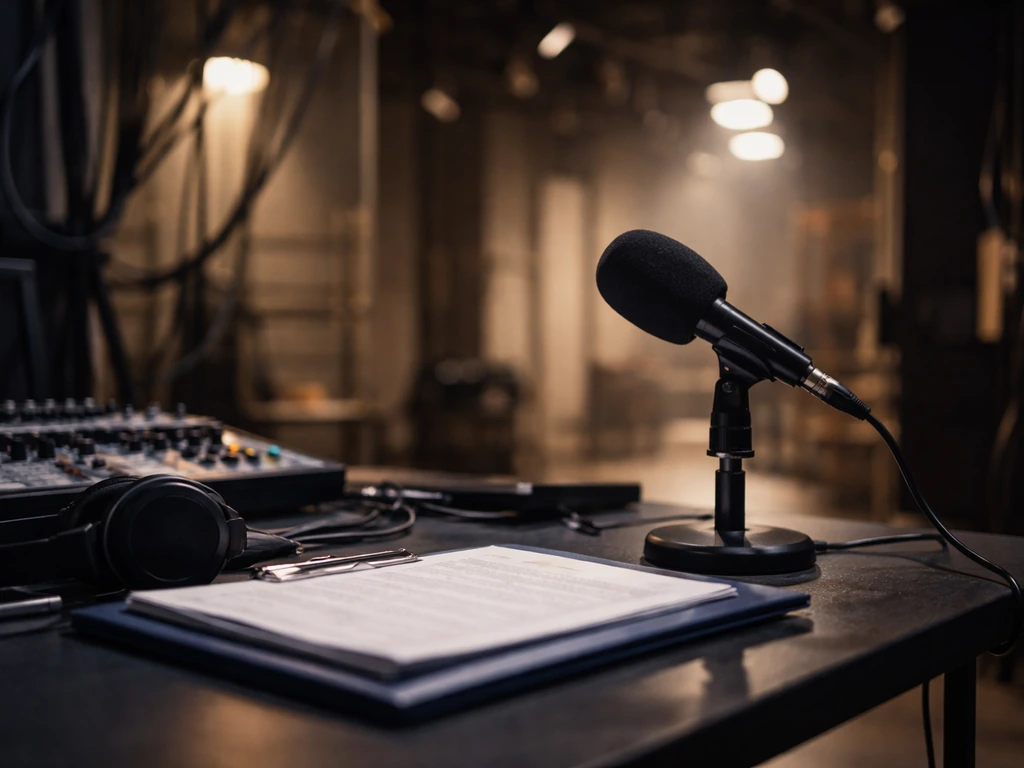 Anonymous film set desk with a microphone and studio lights, representing an acting career behind earnings.