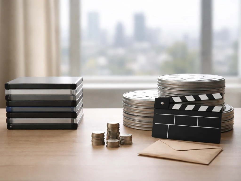 Minimal studio desk with TV and film media items suggesting acting income split.