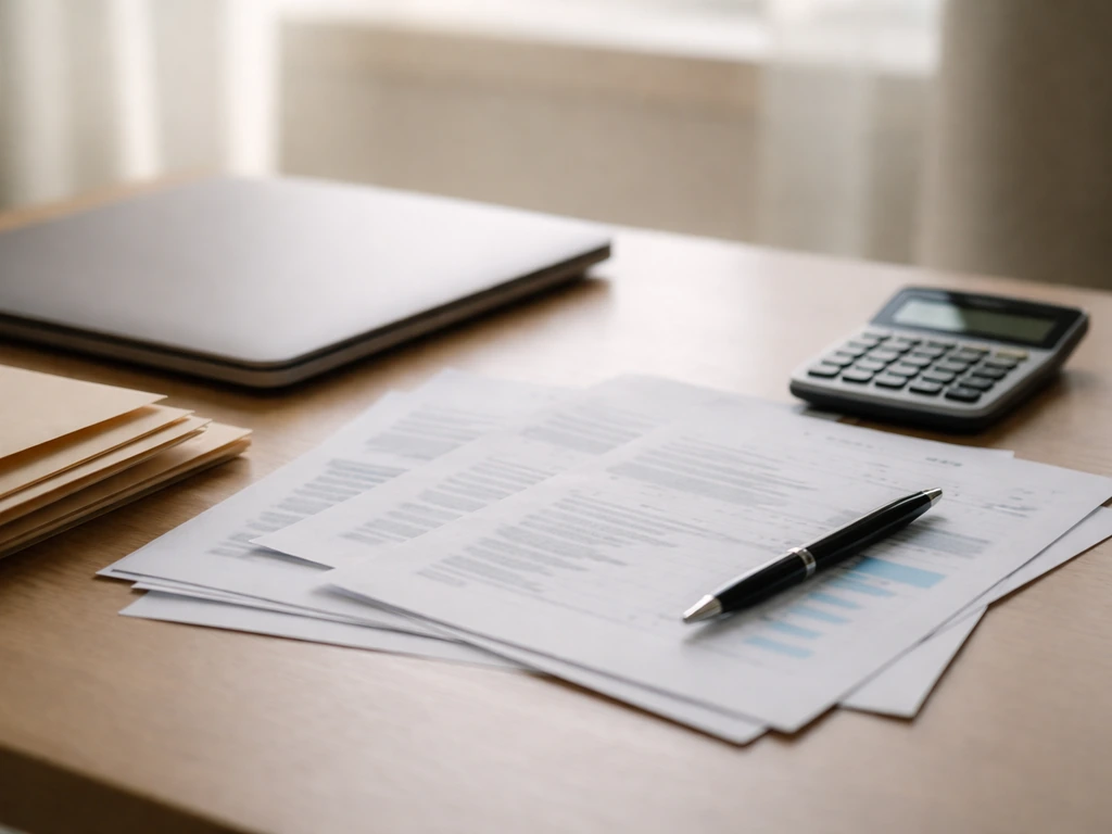 Minimal photo of a desk with scattered documents, a closed laptop, and a calculator symbolizing net worth estimates.