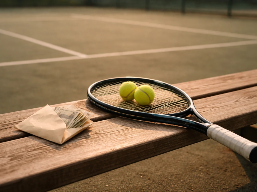 Tennis racket and a crumpled cash envelope on a sunlit hard-court bench, hinting at ATP-era prize money