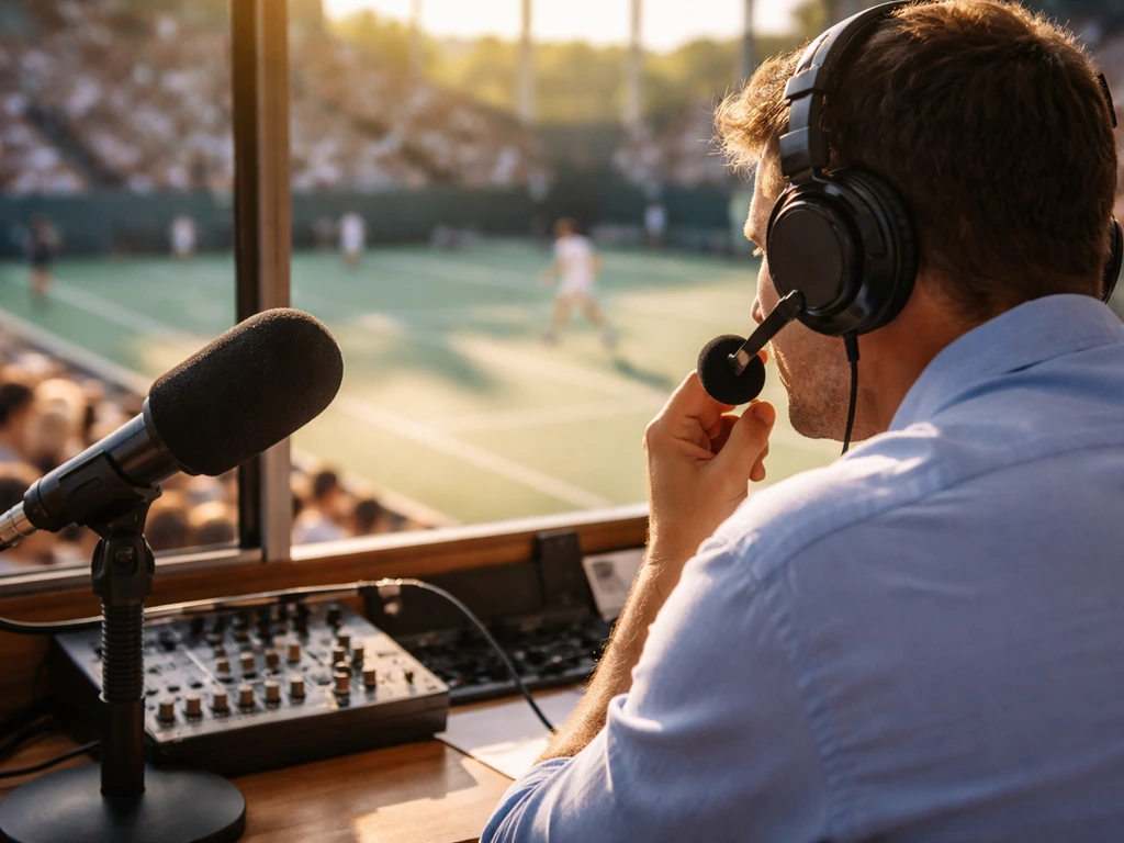 Anonymous tennis broadcaster in a booth with headset and microphone, focused on a live match in the background.