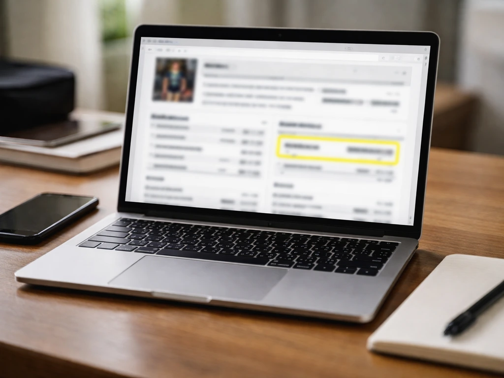 Laptop on a desk displaying a generic athlete profile page area for prize-money verification.