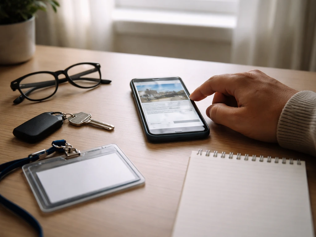 Desk with keys and a blurred phone suggesting real-estate identity verification by a content creator.