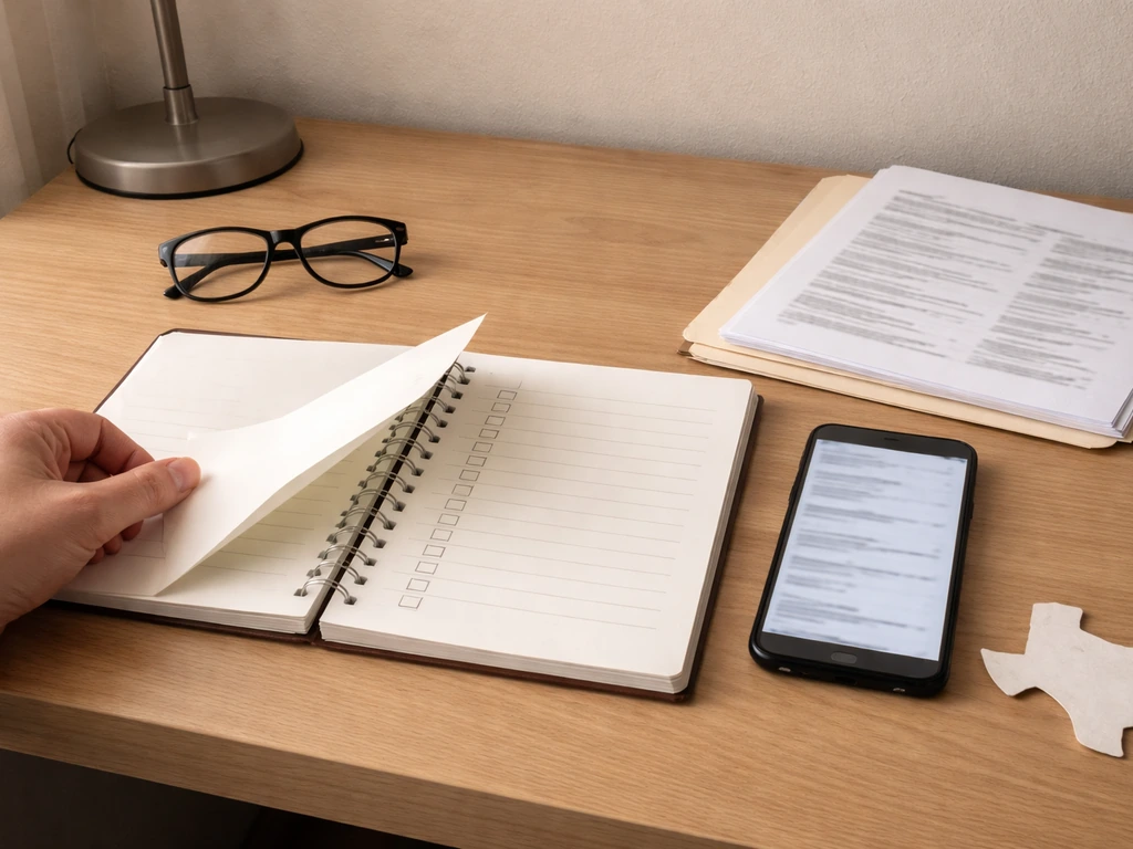 Minimal desk scene with blank checklist page and a blurred phone screen for public-record verification.