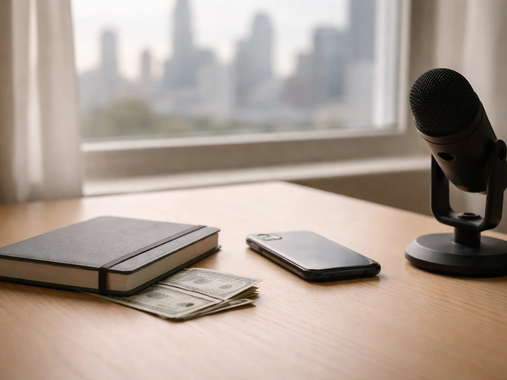 Minimal analyst desk with money props and a studio microphone, softly lit by window light.