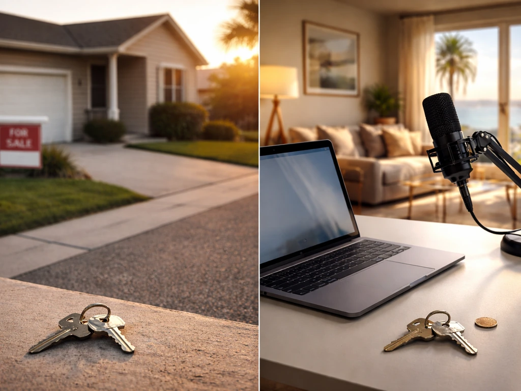 Split scene showing home property on one side and modern media/business lifestyle desk on the other.