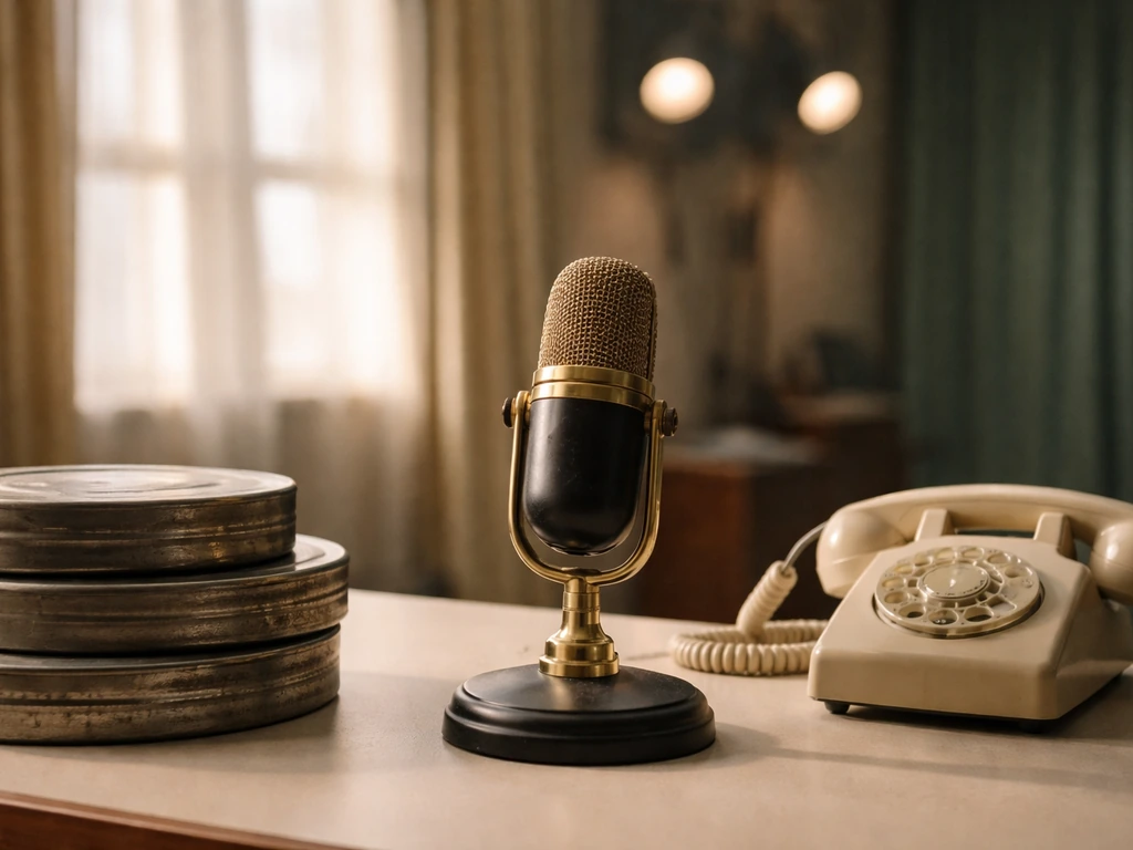 Vintage TV studio office desk with classic microphone and film canisters symbolizing Desilu-era success