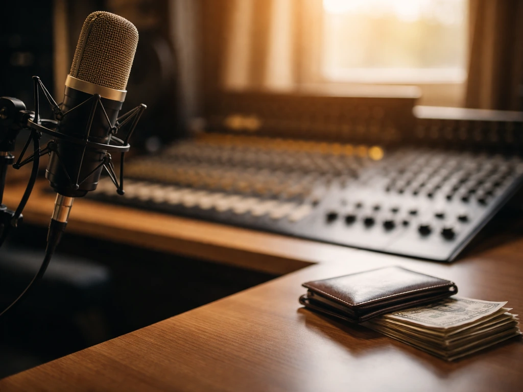Minimal recording studio scene with a microphone, mixing console, and desk items suggesting earnings.