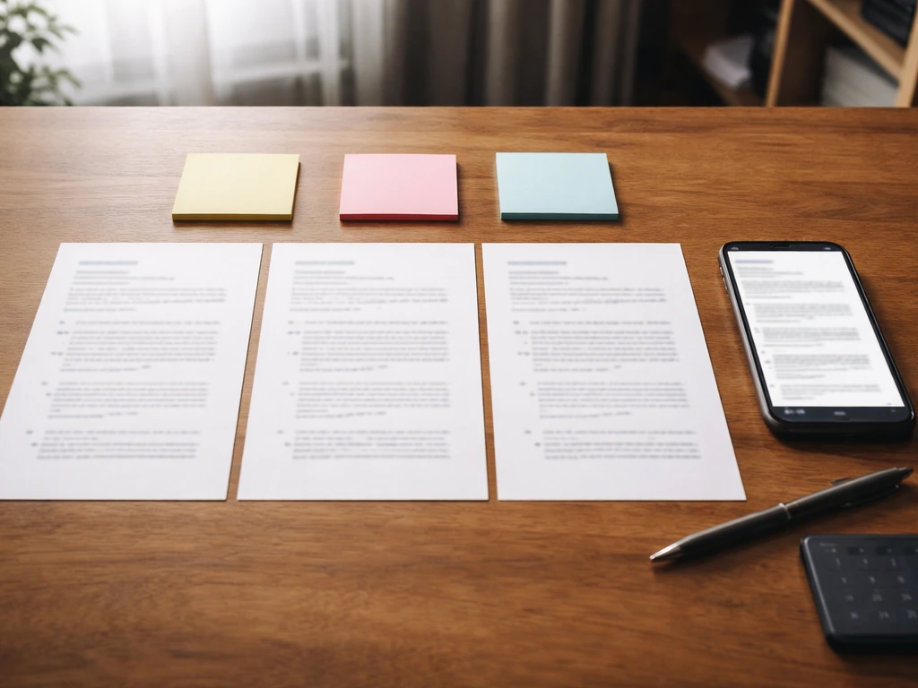 Desk with three paper printouts, sticky notes, and a phone—showing cross-referencing and update tracking.