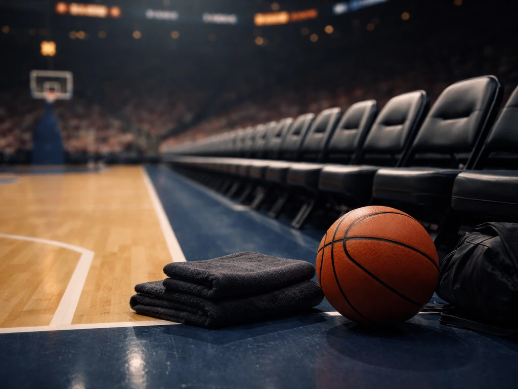 Empty sports arena at night with a basketball near a sideline bench, signaling an NBA profile context.