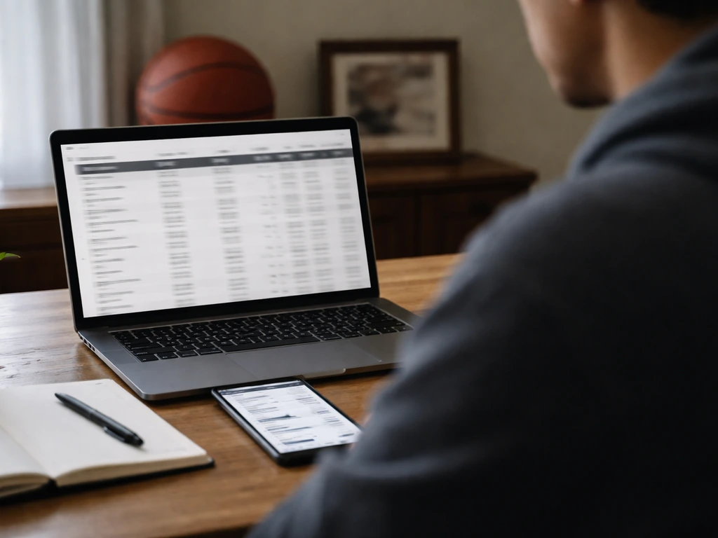 Analyst desk with blurred laptop contract-table and earnings timeline, money/business NBA analysis vibe