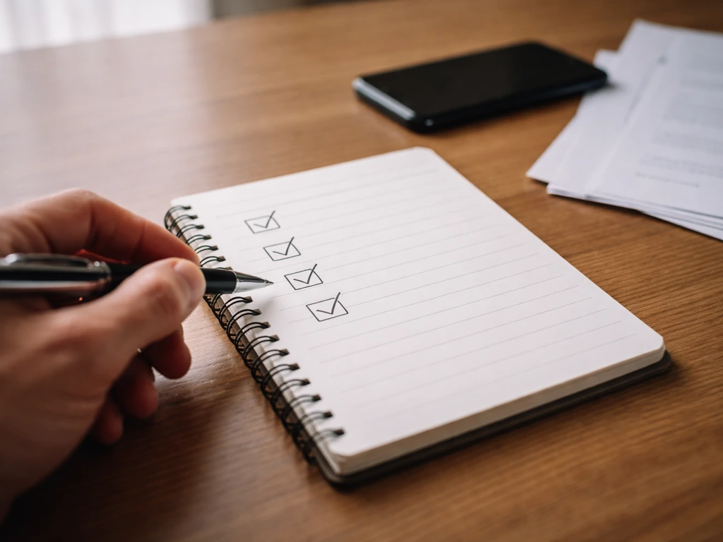 Hand placing checkmarks on a simple checklist near a smartphone and financial documents
