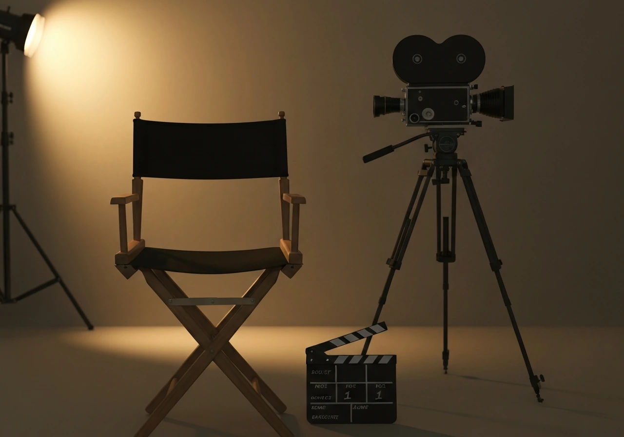 An American actor’s film set scene with slate and soft-lit spotlight for disambiguation