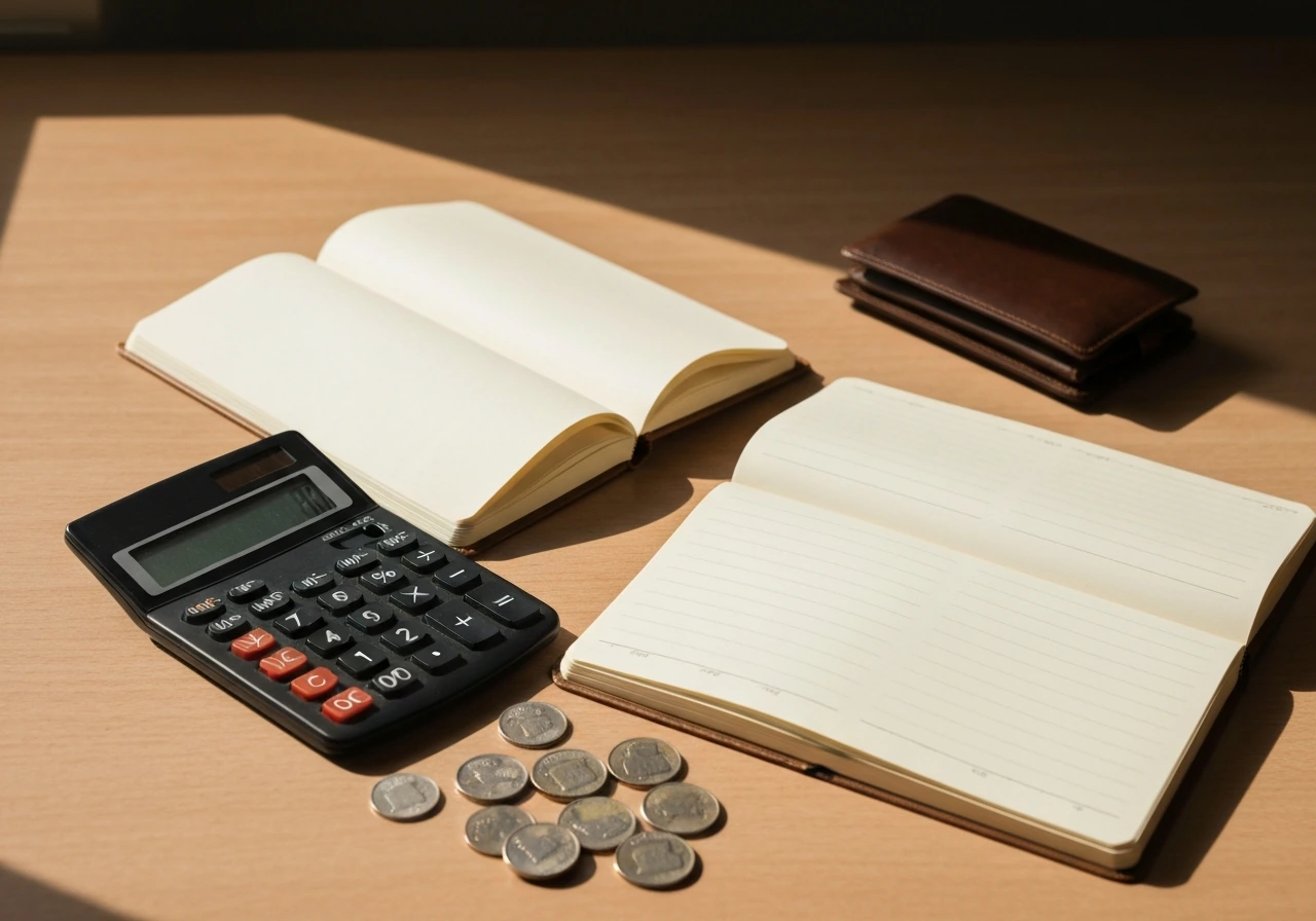 Minimal desk scene with two open notebooks and a calculator showing different money-related figures, no text