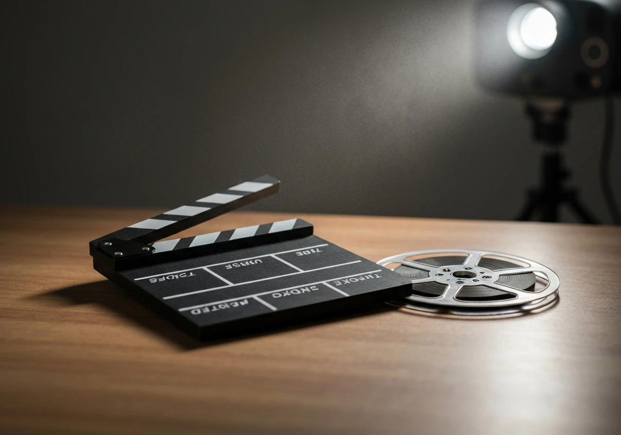 Film studio workspace with a clapperboard and motion-blurred film reel, suggesting film/TV acting income