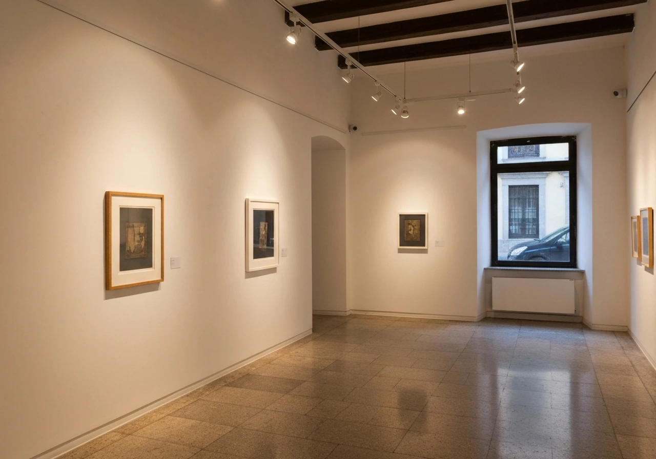 Minimal art gallery interior with framed artwork and subtle sign plaque, warm light and quiet atmosphere.