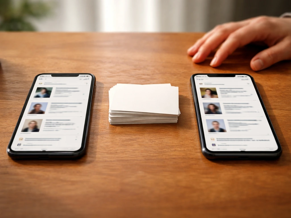 Two anonymous search-result cards on a desk, visually separated to show name identity confusion.