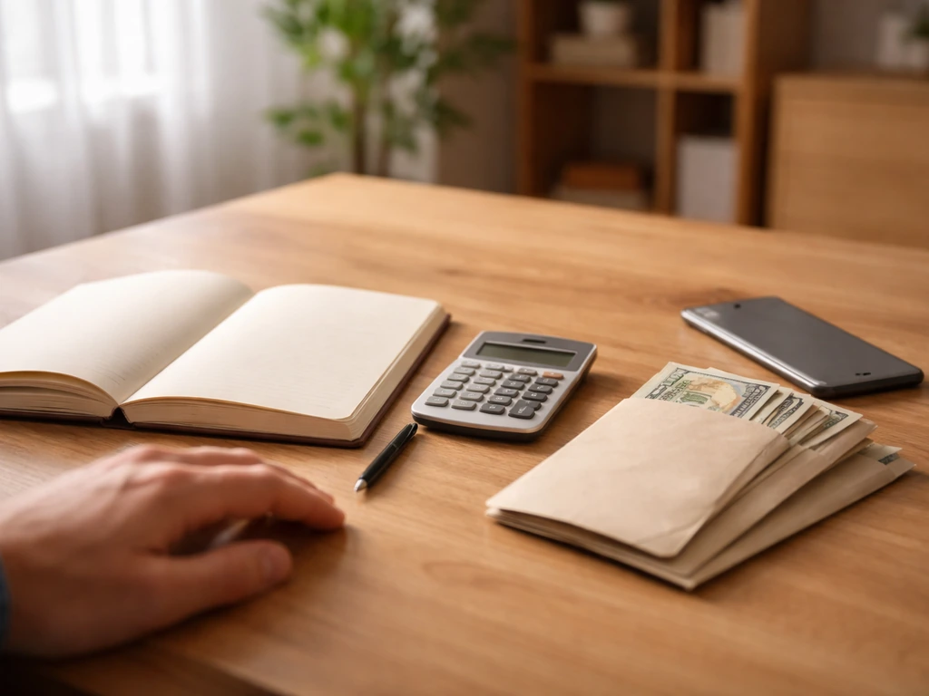 Minimal photo of a clean desk setup with notebook, calculator, and money envelopes symbolizing methodology inputs