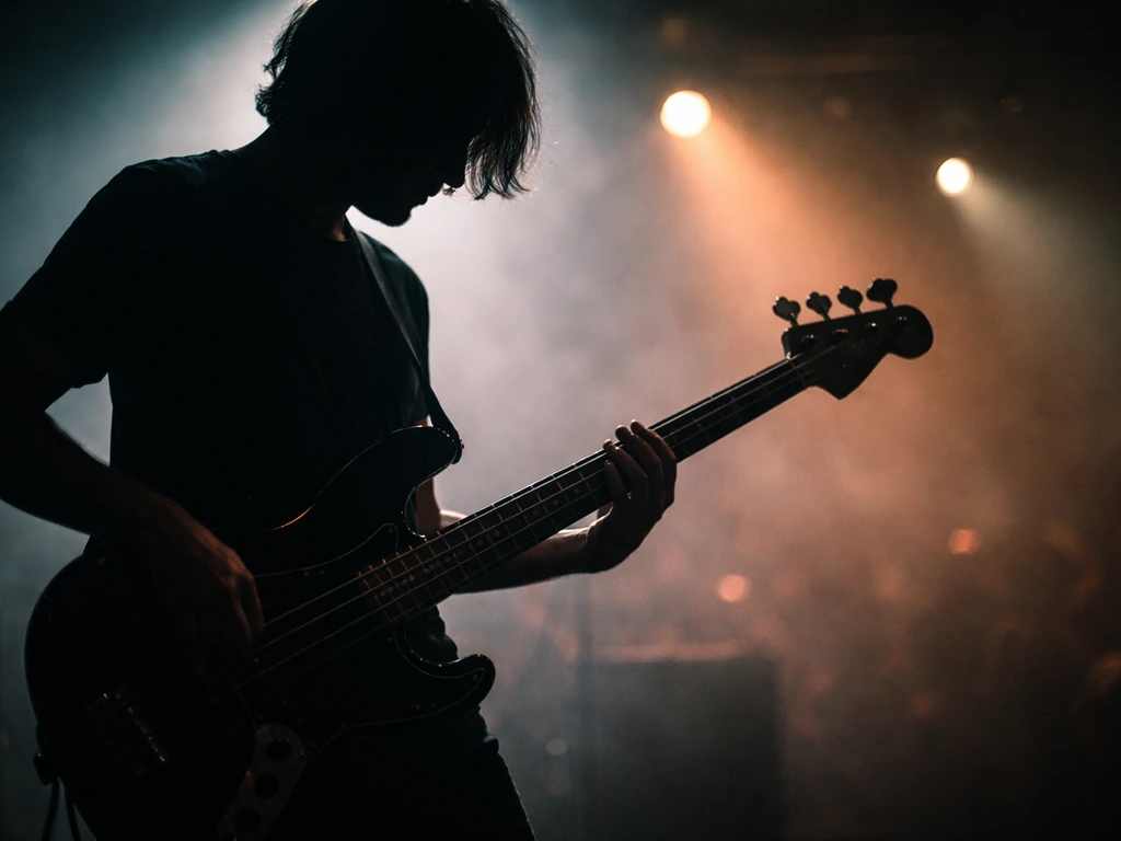 Silhouetted bassist performing under dim stage lights with shallow depth of field, anonymous concert scene.