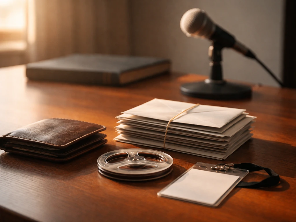 Tabletop studio scene with wallet, envelopes, and a microphone, symbolizing evolving earnings over time.