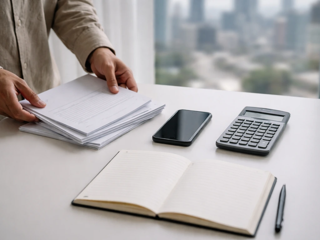 Hands organize blank documents, smartphone, calculator, and notebook on a desk to suggest wealth-inference steps.