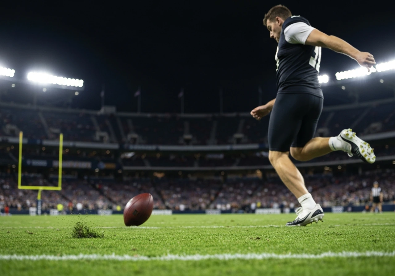 Action shot of a football punter’s foot kicking a ball on stadium turf, distant and non-identifiable.