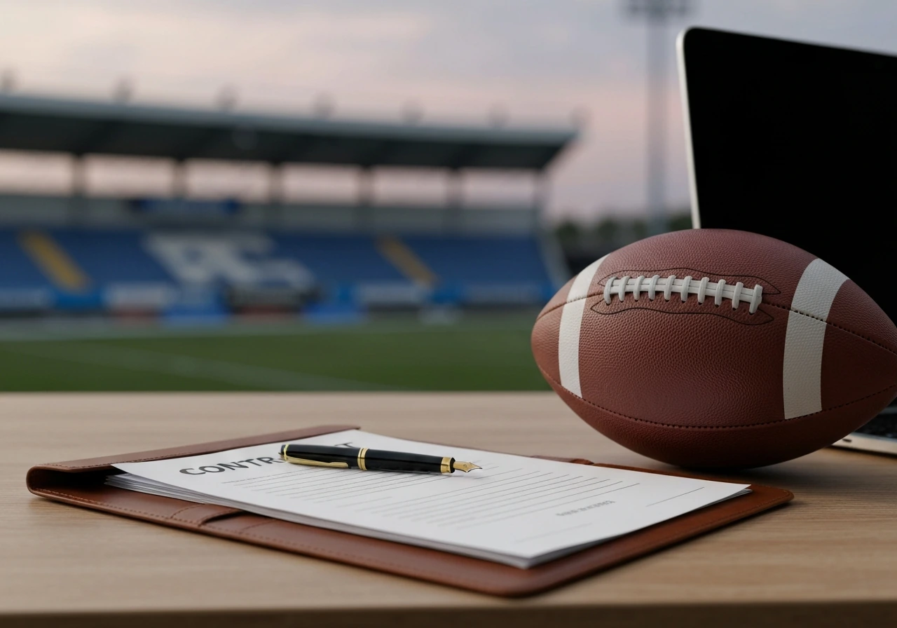 Bills-era contract symbolism: anonymous office desk with football, contract papers, and a pen near a laptop at daylight.