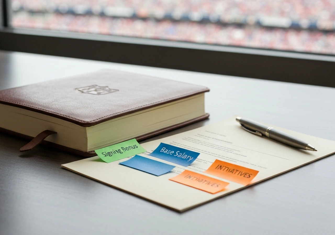 NFL contract papers on a desk with three colored tabs indicating bonus, base salary, and incentives.