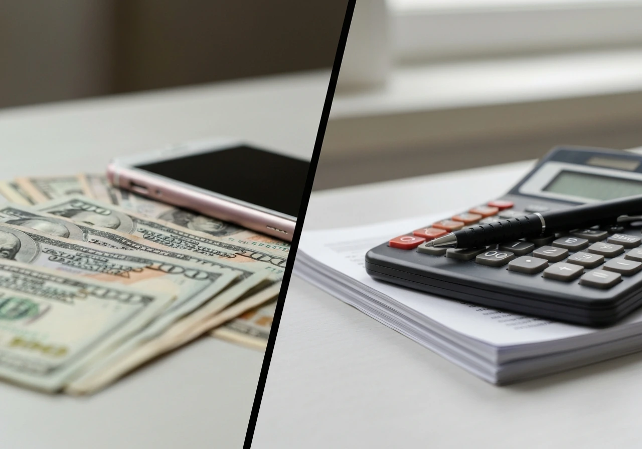 Minimal desk scene with cash, documents, calculator, and smartphone suggesting different net worth methods.