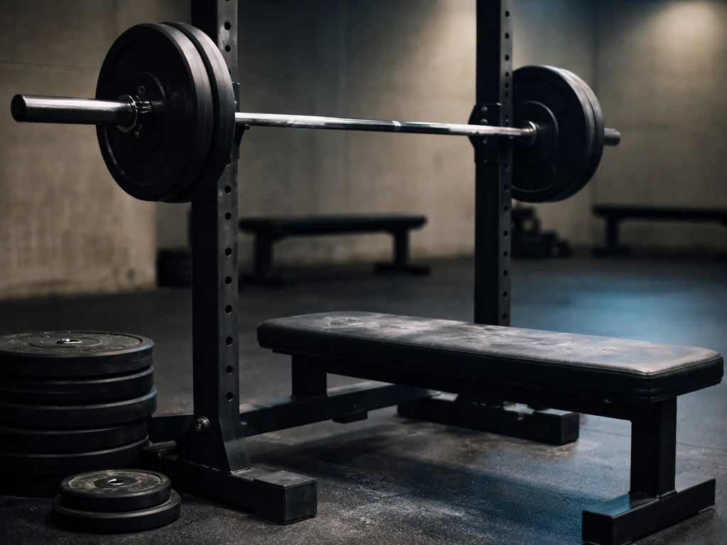 Powerlifting-themed gym scene with a bench press rack and weight plates, symbolizing strength and achievement.