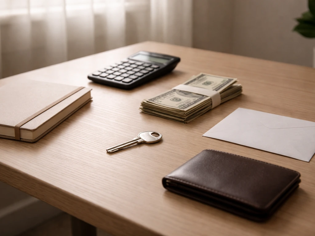 Minimal desk scene with calculator, bills, key, and blank envelope suggesting assets vs liabilities
