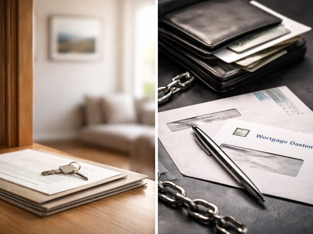 Split scene showing assets as real-estate ownership items on the left and liabilities as loan papers and lock on the rig