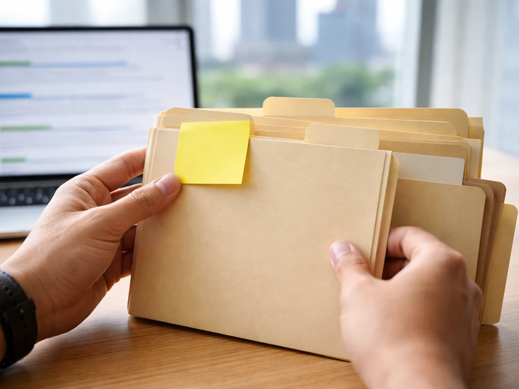 Minimal desk scene with a highlighted folder labeled for Simon Arias III, plus blurred search-result style slips in the
