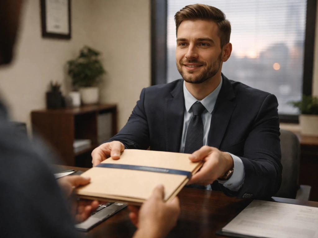 Anonymous insurance agent handing a policy folder across a simple office desk.