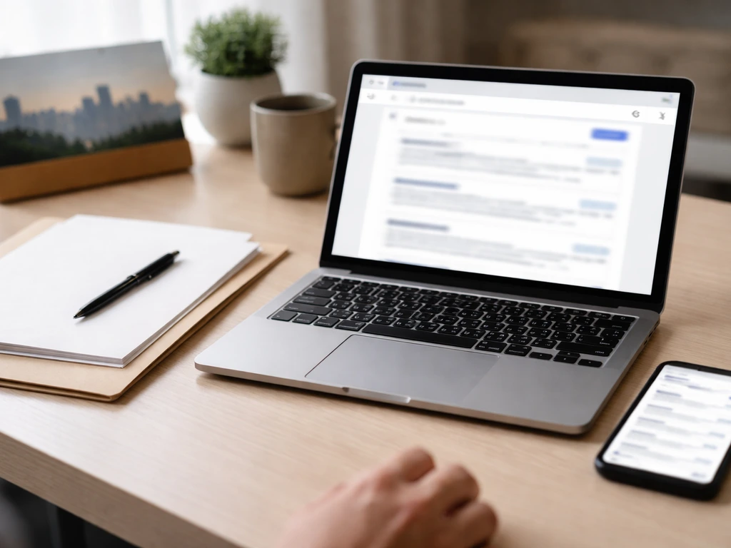 Minimal photo of a laptop and phone beside office papers showing business registry and nonprofit search results.