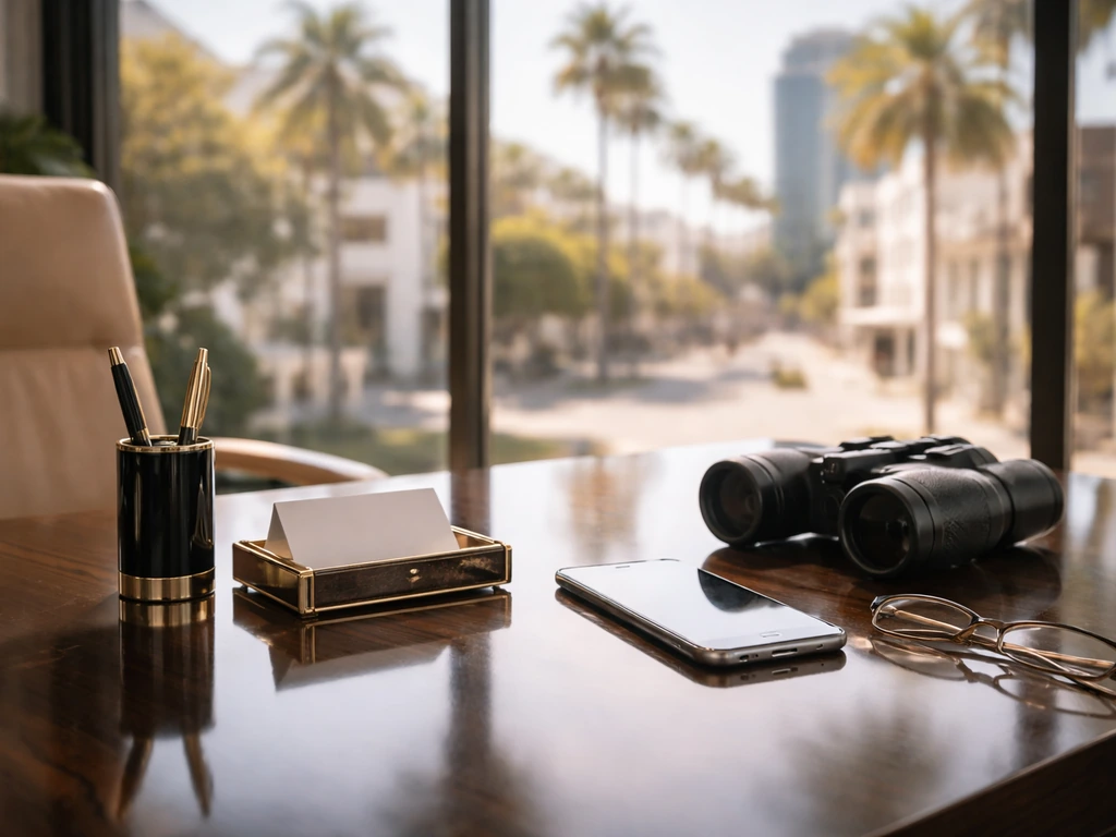 Luxury real estate office desk with city skyline and palm trees through large windows, wealth vibe.