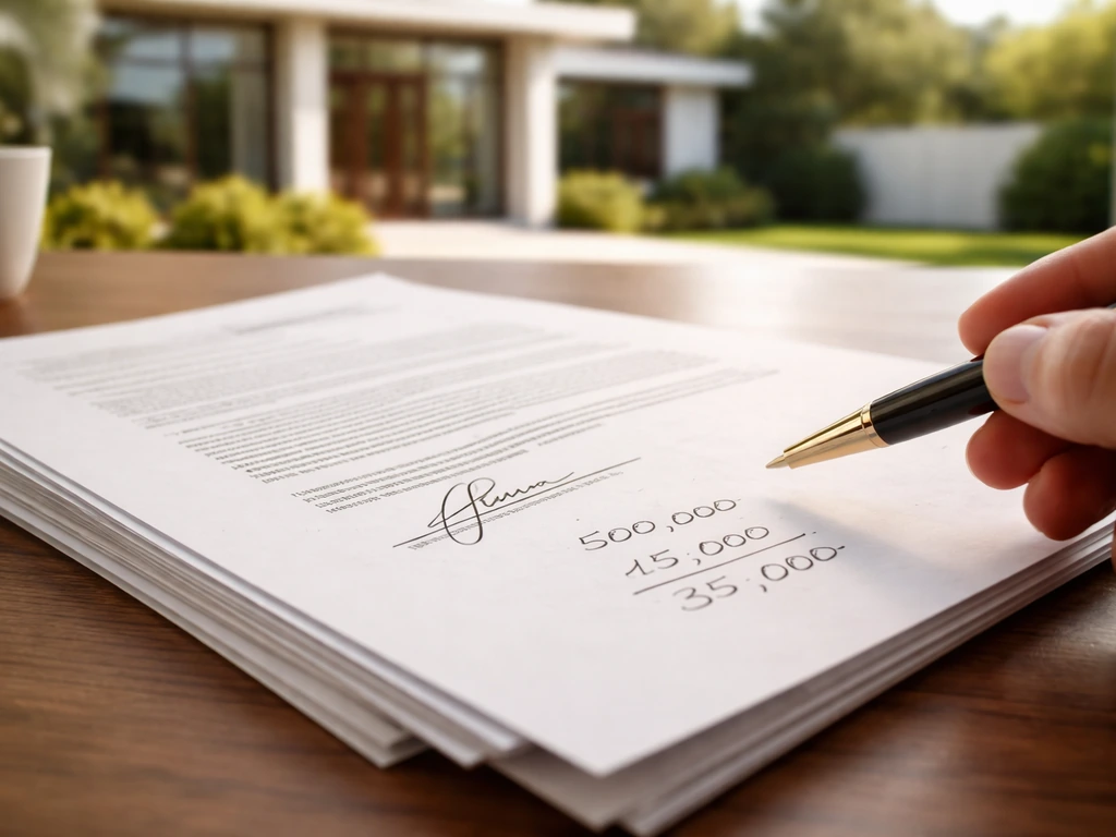 Signed luxury real estate documents and gold pen on a desk with a modern home softly blurred behind.