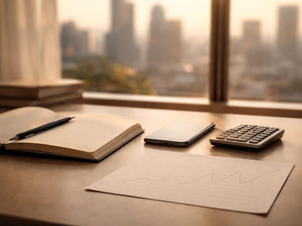 Luxury office desk with calculator and smartphone, blurred skyline outside, subtle pencil marks suggesting market volati