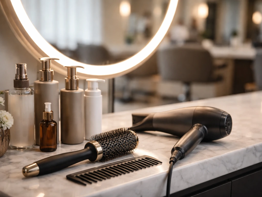 Close-up of a luxury hair salon styling station with tools and products on a clean counter.